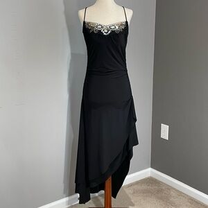 Vintage 80s Kitty Dress Size L Black Asymmetrical Handkerchief Hemline Beaded